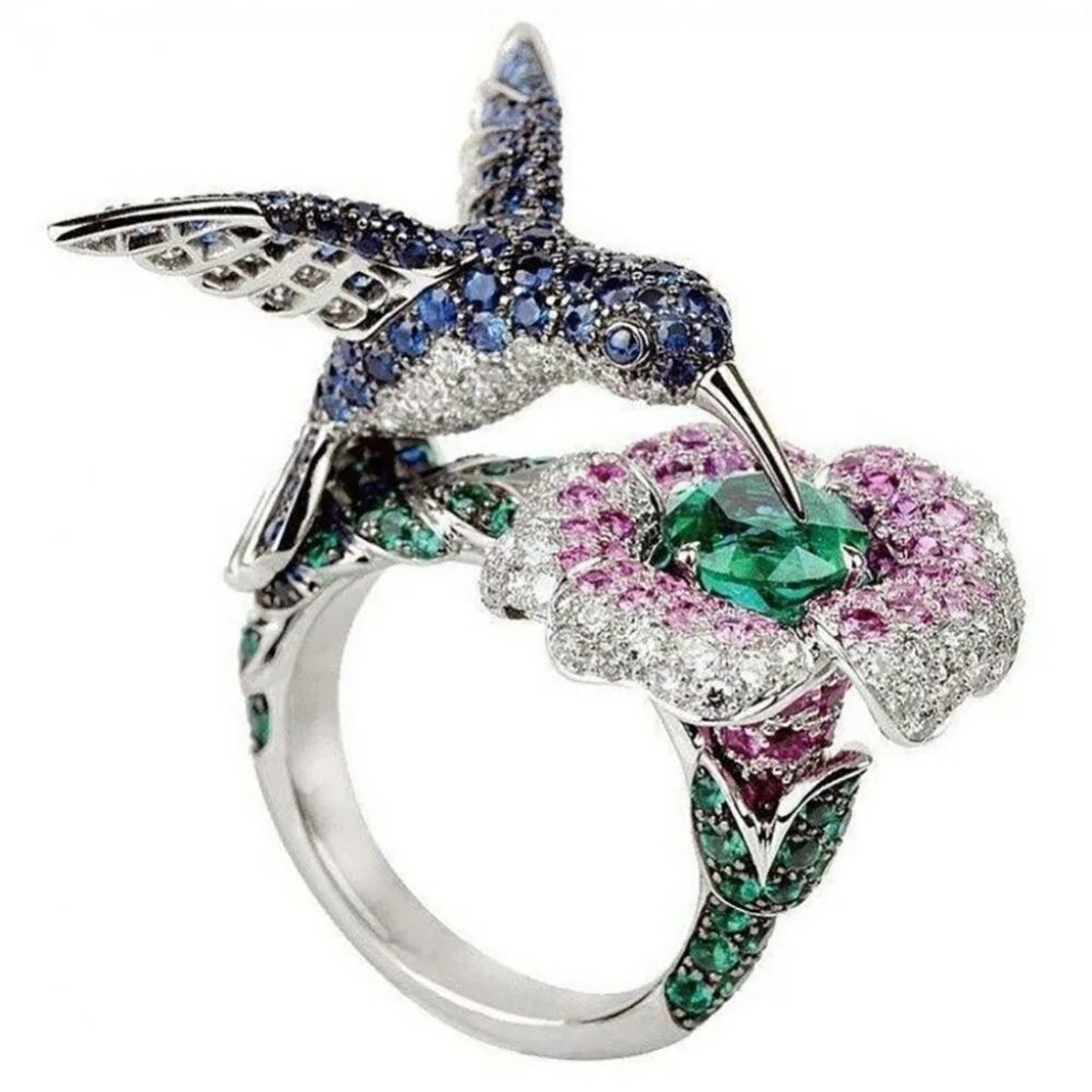 Women's Rhinestone Blue Hummingbird Ring - Picture 5 of 5
